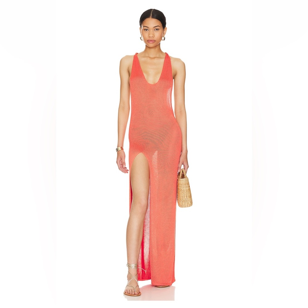Women’s Coral Maxi Dress with Side Thigh Slit